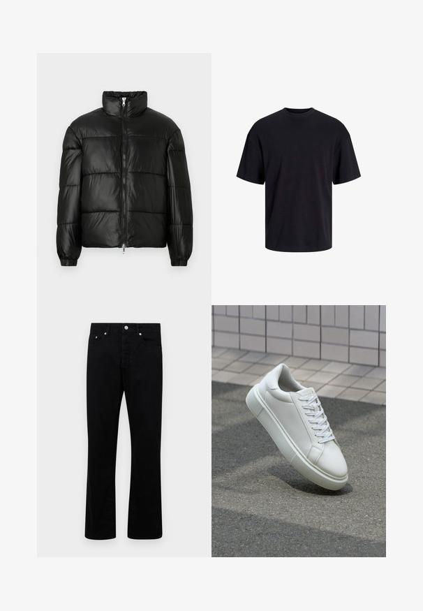 Geacă neagră din material puffy, cu guler înalt, închidere cu fermoar pe față, design matlasat, mansete elastice și finisaj din țesătură lucioasă și netedă.; Tricou din bumbac negru, cu guler rotund, mâneci scurte și o croială lejeră. Textură netedă și fără modele sau accente vizibile.; Pantaloni negri din denim cu un design drept, având cinci buzunare, fermoar cu buton și accente din metal argintiu. Textură netedă.; Sneaker alb din piele cu o suprafață netedă, vârf rotund și șireturi plate albe. Dispune de o talpă din cauciuc texturată și elemente de design minimale.