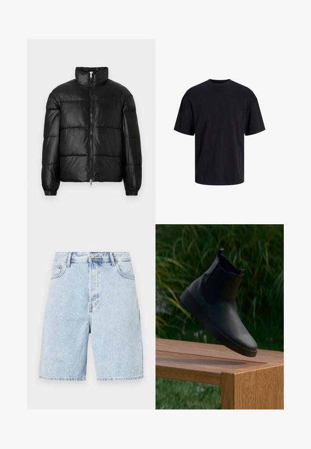 Čierna páperová bunda s vysokým golierom, predným zipsom, prešívaným dizajnom, elastickými manžetami a lesklým hladkým materiálom.; Čierne bavlnené tričko s okrúhlym výstrihom, krátkymi rukávmi a uvoľneným strihom. Hladká textúra bez viditeľných vzorov alebo akcentov.; Svetlomodré denim šortky s voľným strihom, s gombíkovým zapínaním, piatimi vreckami a kontrastným šitím pozdĺž švov.; Čierne kožené členkové čižmy s elastickými bočnými panelmi, hladkou textúrou, zaoblenou špičkou a plochou podrážkou, umiestnené nad dreveným stolom proti zelenej vegetácii.