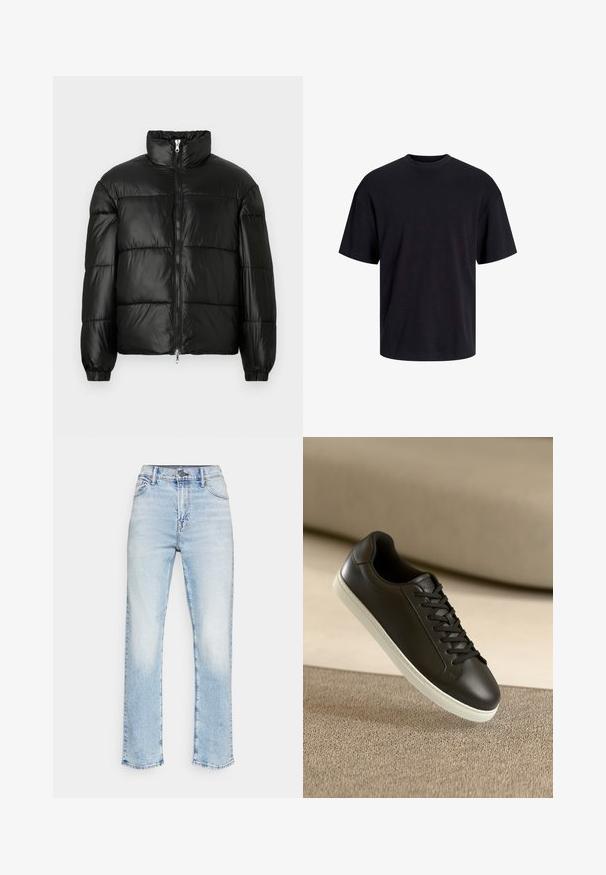 Juodas pūkinis švarkas su aukštu apykakle, užtrauktuko priekyje, siuvinėtu dizainu, elastingais rankogaliais ir blizgia, lygiąja audinio apdaila.; Juodas medvilninis marškinėlis su apvaliu iškirpimu, trumpomis rankovėmis ir laisvu siluetu. Glotni tekstūra, be matomų raštų ar akcentų.; Šviesiai mėlynos džinsinės kelnės su tiesiu pjūviu, penkiomis kišenėmis ir mygtukų uždarymu. Išblukusi baigtis su matomomis siuvimo detalėmis.; Juodų odinių sportbačių su baltu guminiu padu ir juodomis raištelėmis nuotrauka, padėta ant šviesiai rudos tekstilės paviršiaus ir fono.