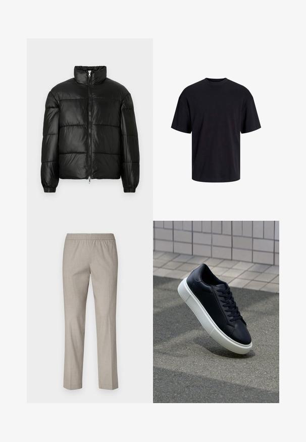 Svart pufferjakke med høy krage, glidelås foran, quiltet design, elastiske mansjetter og blank, glatt stofffinish.; Svart bomull t-skjorte med rund hals, korte ermer og en avslappet passform. Glatt tekstur uten synlige mønstre eller detaljer.; Lys grå bukser med elastisk linning, rett ben-design og en glatt tekstur. Ingen synlige mønstre eller detaljer i hardware.; Sorte skinnsneakers med rund tå og hvit gummisåle. Har flate lisser og minimal søm på overdelen. Strukturert såle for grep.