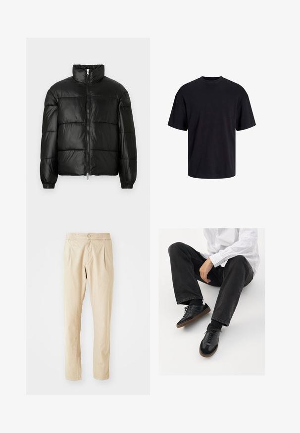 Črna pufasta jakna z visokim ovratnikom, z zadrgo spredaj, prešito zasnovo, elastičnimi manšetami in sijočim, gladkim zaključkom tkanine.; Črna bombažna majica s krojačkom izrezom, kratkimi rokavi in sproščenim krojem. Gladka tekstura in brez vidnih vzorcev ali poudarkov.; Beige hlače z rahlo strukturirano tkanino, z elastikim pasom, gumbom za zapiranje in dvema sprednjima gubama za dodatno volumen.; Črne superge z gladkim in strukturiranim zgornjim delom, ki vključuje gumijast podplat in temne vezalke. Uvrščene so z štručasto črnimi kavbojkami in belo črtasto majico.