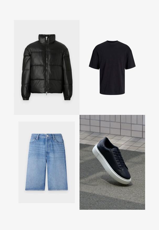 Juodas pūkinis švarkas su aukštu apykakle, užtrauktuko priekyje, siuvinėtu dizainu, elastingais rankogaliais ir blizgia, lygiąja audinio apdaila.; Juodas medvilninis marškinėlis su apvaliu iškirpimu, trumpomis rankovėmis ir laisvu siluetu. Glotni tekstūra, be matomų raštų ar akcentų.; Šviesiai mėlynos džinsinės šortai laisvu sijonu, su užtrauktuku, mygtuko uždarymu, penkiomis kišenėmis ir subtiliai nusidėvėjusiu pavidalu.; Juodas odinis sportbačius su apvaliu pirštu ir baltu gumuotu padu. Turi plokščias raišteles ir minimalų siuvimą viršuje. Padangos tekstūra užtikrina sukibimą.