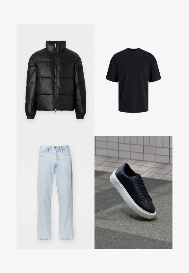 Crna puffer jakna s visokim ovratnikom, zatvaranjem na zip, quilted dizajnom, elastičnim manžetama i sjajnim, glatkim materijalom.; Crna pamučna majica s okruglim izrezom, kratkim rukavima i opuštenim krojem. Glatka tekstura bez vidljivih uzoraka ili dekoracija.; Svijetloplave traperice ravnog kroja, s pet džepova, zatvaranjem na zip i gumb, te blagim izbljeđivanjem na tkanini.; Crne kožne tenisice s zaobljenim vrhom i bijelim gumiranim potplatom. Imaju ravne vezice i minimalno šivanje na gornjem dijelu. Teksturirani potplat za bolje prianjanje.