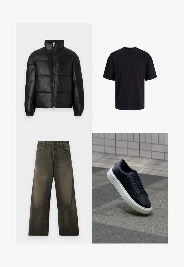 Melna pūkainā jaka ar augstu apkakli, rāvējslēdzēja priekšējo aizdari, quilted dizainu, elastīgām piedurknēm un spīdīgu, gludu auduma apdari.; Melns kokvilnas T-krekls ar apaļu kakla izgriezumu, īsām piedurknēm un brīvu piegriezumu. Gluda tekstūra un nav redzamu rakstu vai akcentu.; Augstās vidukļa, platās kāju melnā izbalējušās džinsās ar priekšējo pogu un rāvējslēdzēja aizdari, kā arī standarta priekšējām kabatām.; Melnas ādas kedas ar noapaļotu pirkstu un baltu gumijas zoli. Iespējas - plakanas šņorītes un minimāla apdare augšdaļā. Struktūrēta zole, lai nodrošinātu saķeri.