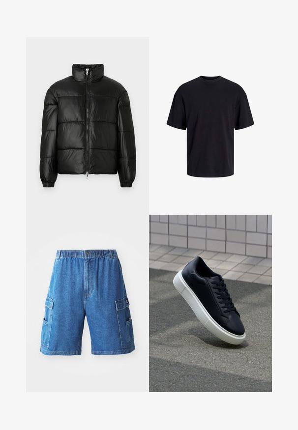 Fekete puffernadrág magas gallérral, cipzáras elülső záródással, steppelt kialakítással, elasztikus mandzsettákkal és fényes, sima szövetfelülettel.; Fekete pamut póló, kerek nyakkivágással, rövid ujjú és laza fazonú. Simább anyagú, látható minták vagy díszítések nélkül.; Középkék farmer cargo sort elasztikus derékkal, több oldalsó zsebbel és egyenes szabással. Texturált anyag, látható varrásokkal.; Fekete bőr sportcipő lekerekített orral és fehér gumitalppal. Lapos fűzőkkel és minimális varrásokkal rendelkezik a felsőrészén. Mintás talp a tapadásért.