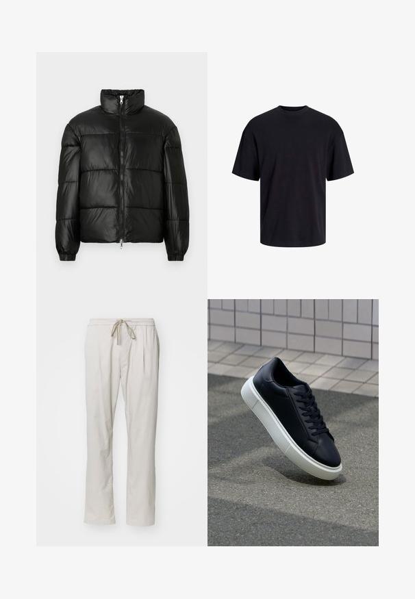 Sort puffet jakke med høj krave, lynlås foran, quiltet design, elastiske manchetter og skinnende, glat stoffinish.; Sort bomulds t-shirt med rund hals, korte ærmer og en afslappet pasform. Glat tekstur uden synlige mønstre eller accenter.; Lyse beige, lette bukser med elastisk linning og snor. Har to sidelommer og lige ben.; Sort lædersneaker med rund tå og hvid gummisål. Har flade snørebånd og minimal syning på overdelen. Tekstureret sål for bedre greb.