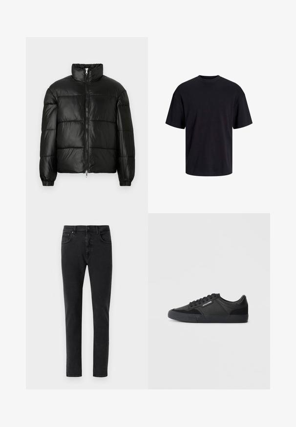 Crna puffer jakna s visokim ovratnikom, zatvaranjem na zip, quilted dizajnom, elastičnim manžetama i sjajnim, glatkim materijalom.; Crna pamučna majica s okruglim izrezom, kratkim rukavima i opuštenim krojem. Glatka tekstura bez vidljivih uzoraka ili dekoracija.; Crne traperice od denima slim kroja, s klasičnim dizajnom od pet džepova i minimalnim detaljima šivanja. Glatka tekstura, standardni struk.; Crne tenisice s kombinacijom kože i antilopa, sa okruglim vezicama, teksturiranim gumeni potplat i logom branda na strani.