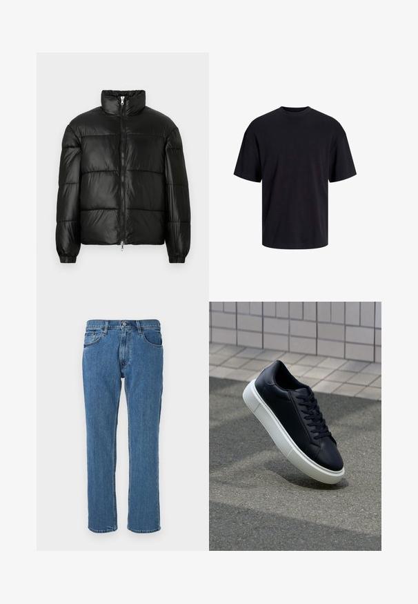 Must mustaga jakker, millel on kõrge krae, luku esikinnitus, tikanditud disain, elastsed mansetid ja läikiv, sile kangast viimistlus.; Must must on mustre, lühikeste varrukatega ja vabalt langev. Sile tekstuur ja ilma nähtavate mustrite või aktsentideta.; Sinine denimist teksapüksid, sirge lõikega, viie tasku stiilis ning klassikalise vöökoha ja nööbi ning tõmbluku sulgemisega.; Mustast nahast tennisetoss, millel on ümar nina ja valge kummist tall. Omab siredaid paelu ja minimaalset õmblemist ülemises osas. Tekstuuriga tald, mis tagab haakuvuse.