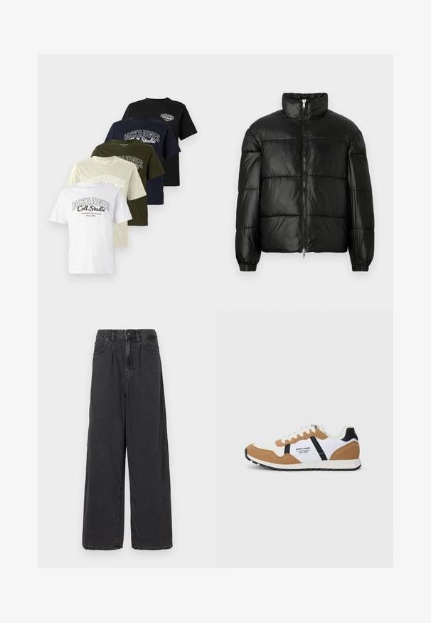 Μαύρο μπουφάν με φουσκωτό σχέδιο, ψηλό γιακά, κλείσιμο με φερμουάρ μπροστά, ραφές τύπου καπιτονέ, ελαστικές μανσέτες και γυαλιστερή, λεία υφή.; Πέντε μπλουζάκια στη σειρά: λευκό, μπεζ, ελιά, ναυτικό και μαύρο. Κάθε μπλούζα έχει ένα λογότυπο με την ένδειξη "JACK&JONES" και σχέδιο με στρογγυλή λαιμόκοψη.; Μαύρο τζιν παντελόνι με φαρδιά πόδια και ψηλή μέση, με κλείσιμο μπροστά με κουμπί και φερμουάρ, διαθέτει πλευρικές τσέπες και λεία υφή.; Sneaker σε ρετρό στυλ με λευκό, σουέντ καφέ, μαύρες λεπτομέρειες, λευκά κορδόνια και λογότυπο "Jack & Jones EST. 1990" στο πλάι.