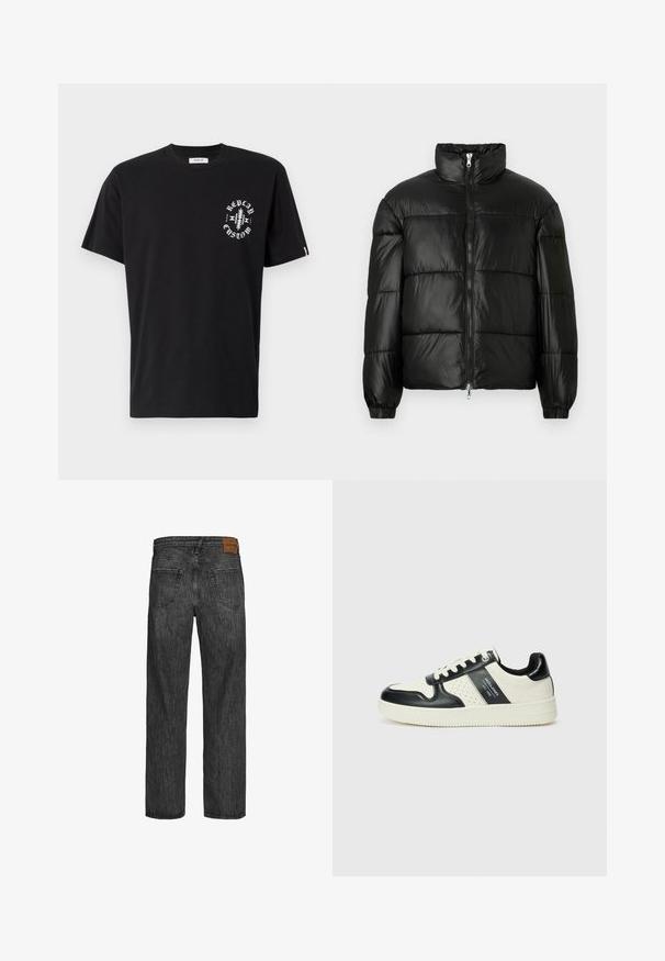 Črna pufasta jakna z visokim ovratnikom, z zadrgo spredaj, prešito zasnovo, elastičnimi manšetami in sijočim, gladkim zaključkom tkanine.; Črna bombažna majica s kratkimi rokavi. Ima bel grafični print na levem prsnem delu in majhno oznako z logotipom na robu.; Črne denim hlače s pravim krojem, petimi žepi in rjavim usnjenim označevalnikom na pasu. Teksturirana tkanina z detajli šivanja.; Usnjeni športni čevlji z črno in krem barvno shemo, ki vključujejo perforirane dodatke, podložen ovratnik in strukturirano podplat.