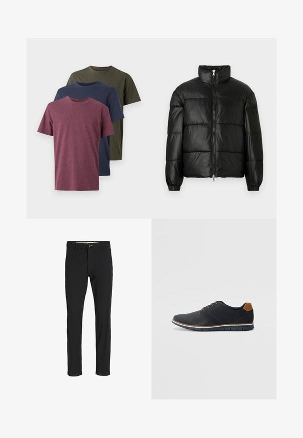 Sort puffet jakke med høj krave, lynlås foran, quiltet design, elastiske manchetter og skinnende, glat stoffinish.; Tre bomulds t-shirts vist: bordeaux, navy og oliven grøn. Rund hals design, korte ærmer og en blød, struktureret finish.; Sorte bomuldsblandede bukser med slim fit, der har en knaplukning, lommer og opbrugte stumper for et afslappet udtryk.; Sorte syntetiske sko med en tekstureret overdel, glatte accenter, brun hæl og en kontrasterende sål. Har minimale snørebånd og syningsdetaljer.