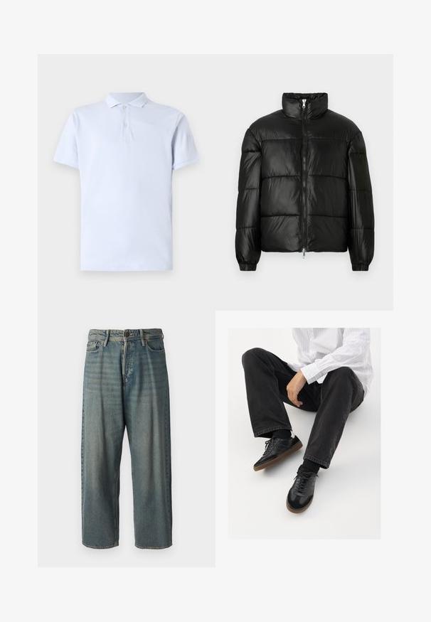 Svart pufferjakke med høy krage, glidelås foran, quiltet design, elastiske mansjetter og blank, glatt stofffinish.; Lyseblå poloskjorte laget av bomull, med klassisk krage, korte ermer, to-knapps plagg og ensfarget tekstur.; Lyseblå denimjeans med løs passform, midjehøyde og rette ben. Har fem lommer, beltehemper og knappelukking.; Svarte joggesko med en glatt og teksturert overflate, med gummisåle og mørke snører. Kombinert med svarte jeans og en hvit stripet skjorte.