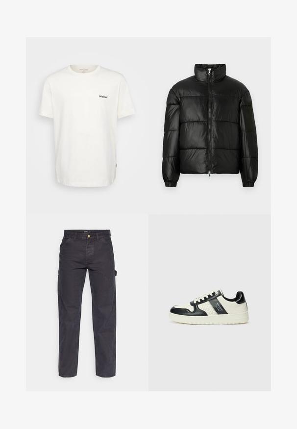 Chaqueta de pluma negra con un cuello alto, cierre frontal con cremallera, diseño acolchado, puños elásticos y acabado de tela brillante y suave.; Camiseta blanca de algodón con mangas cortas, cuello redondo y texto negro "Originals" en la parte frontal izquierda. Textura suave y corte recto.; Pantalones cargo de color gris oscuro, confeccionados con un tejido duradero, que presentan un corte recto, cinco bolsillos y un cierre de botón en la cintura.; Zapatillas de cuero con un esquema de colores negro y crema, que cuentan con acentos perforados, un collar acolchado y una suela texturizada.