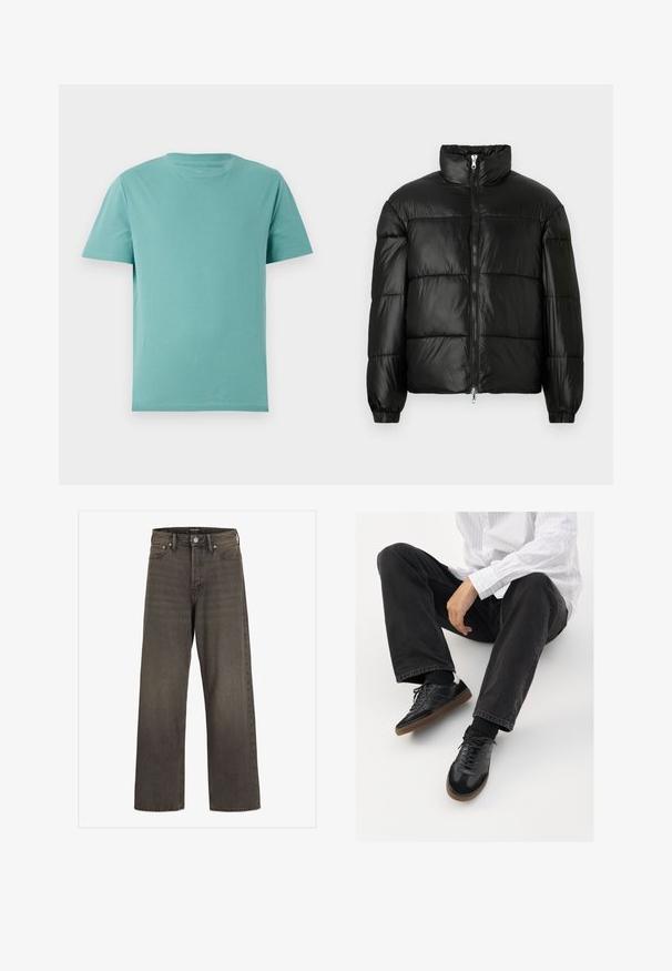 Black puffer jacket with a high collar, zip front closure, quilted design, elastic cuffs, and shiny, smooth fabric finish.; Light teal cotton t-shirt with a round crew neck and short sleeves. Smooth texture and simple design with no patterns or accents.; Wide-leg jeans in dark grey denim, featuring a high waist, classic five-pocket design, and contrasting stitching along the seams.; Black sneakers with a smooth and textured upper, featuring a rubber sole and dark laces. Paired with black jeans and a white striped shirt.