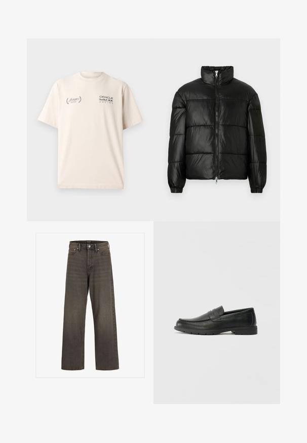 Black puffer jacket with a high collar, zip front closure, quilted design, elastic cuffs, and shiny, smooth fabric finish.; Beige cotton t-shirt with a crew neck, featuring "Monaco 2024" in script and "Oracle Red Bull Racing" in bold black print on the front.; Wide-leg jeans in dark grey denim, featuring a high waist, classic five-pocket design, and contrasting stitching along the seams.; Black leather loafers with a smooth finish, moccasin-style upper, stitched detailing, and a rubber sole. Classic design with a low heel.