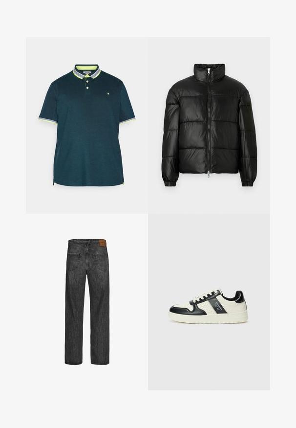 Schwarze Daunenjacke mit hohem Kragen, Reißverschluss vorne, gestepptem Design, elastischen Bündchen und glänzendem, glattem Stofffinish.; Dunkelblaues Poloshirt mit einer Knopfleiste mit zwei Knöpfen. Verfügt über einen kontrastierenden neongrünen Kragen und Ärmelakzente. Weicher Stoff mit klassischer Passform.; Schwarze Jeans aus Denim mit geradem Bein, im Fünf-Taschen-Stil und einem braunen Lederpatch am Bund. Strukturierter Stoff mit Nähdetails.; Leder-Sneaker in Schwarz- und Cremetönen, mit perforierten Akzenten, einem gepolsterten Kragen und einer strukturierten Laufsohle.