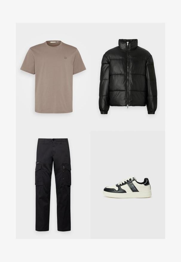 Must mustaga jakker, millel on kõrge krae, luku esikinnitus, tikanditud disain, elastsed mansetid ja läikiv, sile kangast viimistlus.; Calvin Klein Jeans Plus PLUS EMBRO BADGE TEE - Lihtne T-särk - beige; Mustad mustree püksid, millel on mitu taskut, lukuulukuga tasku reie peal, sirge lõige ja tugevast puuvillast materjal, millel on kerge läige.; Nahatud nahkkingad musta ja kreemi värviskeemiga, millel on perforeeritud aktsendid, pehme krae ja tekstureeritud tallad.