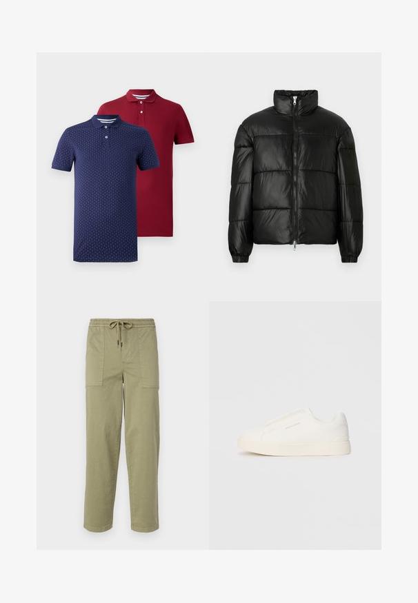 Black puffer jacket with a high collar, zip front closure, quilted design, elastic cuffs, and shiny, smooth fabric finish.; Two short-sleeve polo shirts, one dark red solid and one navy blue with white vertical dot pattern, both with button plackets and collars.; Light olive green pants made of cotton blend fabric, featuring an elastic waistband with drawstring, and two large side pockets.; White slip-on sneakers with a textured surface, a thick sole, and minimalistic design. Features brand logo on the side.