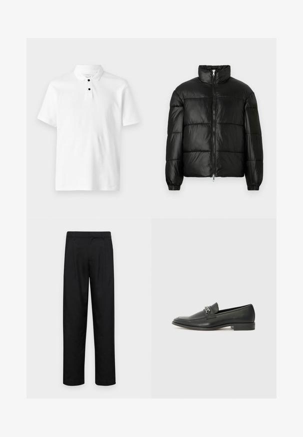 Chaqueta de pluma negra con un cuello alto, cierre frontal con cremallera, diseño acolchado, puños elásticos y acabado de tela brillante y suave.; Camiseta polo blanca con tejido texturizado, mangas cortas, cuello doblado y tres botones negros en el escote.; Pantalones negros de tela suave, con un diseño de pierna recta, dos pliegues frontales y una cintura estándar con trabillas para el cinturón.; Mocasín de cuero negro con un acabado suave, que cuenta con un diseño de costura y un acento decorativo de cadena de metal en el empeine. Tacón plano.