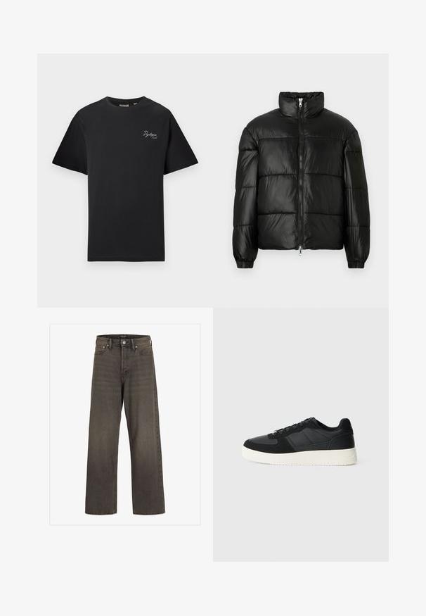 Casaco puffer preto com gola alta, fecho frontal em zíper, design acolchoado, punhos elásticos e acabamento de tecido brilhante e suave.; T-shirt preta de manga curta com pequeno texto em letra cursiva branca "Dystopia Sounds." no lado esquerdo do peito, com decote redondo, exibida sobre um fundo claro e liso.; Jeans de perna larga em denim cinza escuro, com cintura alta, design clássico de cinco bolsos e costura em contraste ao longo das costuras.; Fivela preta de cano baixo com pele texturizada e painéis de camurça, sola de borracha branca e atacadores pretos, em fundo claro liso.