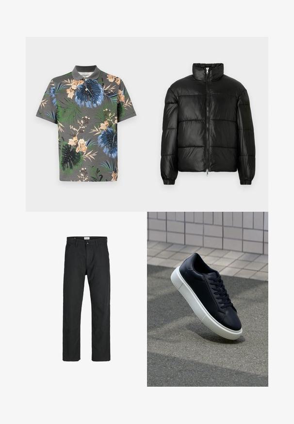 Sort puffet jakke med høj krave, lynlås foran, quiltet design, elastiske manchetter og skinnende, glat stoffinish.; Kortærmet polo skjorte i grå med livlige blomster- og bladværdier i blå, grøn og beige. Har en kontrasterende krave og knaplukning.; Sorte bukser lavet af holdbart stof, med en lige pasform, syede detaljer og to forlommer for funktionalitet.; Sort lædersneaker med rund tå og hvid gummisål. Har flade snørebånd og minimal syning på overdelen. Tekstureret sål for bedre greb.