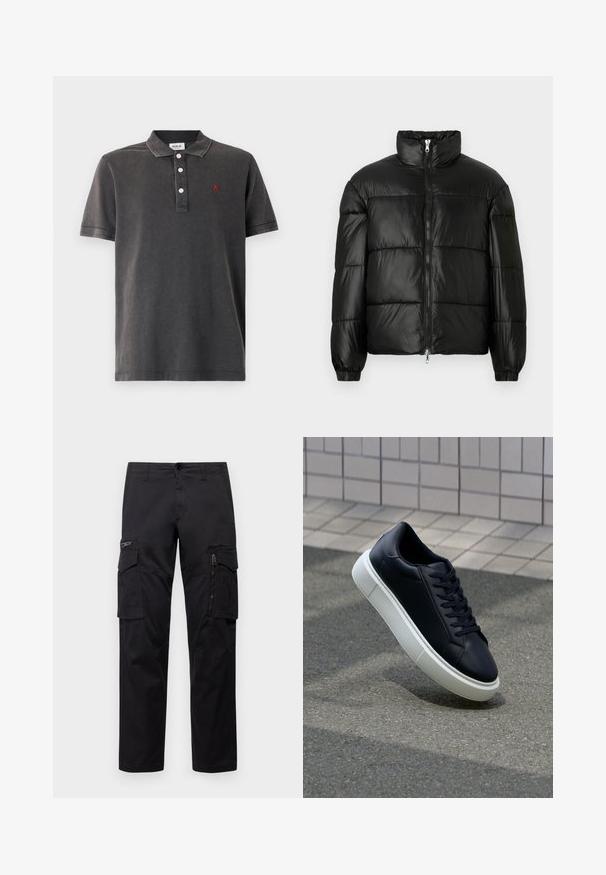 Mustat puffer-takki korkealla kauluksella, vetoketjukiinnitys edessä, tikattu malli, joustavat hihansuut ja kiiltävä, sileä kangasviimeistely.; Tummanharmaa polo-paita, joka on valmistettu puuvillasta, siinä on kolme nappia, lyhyet hihat ja pieni punainen logo rinnassa.; Mustat cargo-housut, joissa on useita taskuja, vetoketjullinen tasku reidellä, suora malli ja kestävä puuvillakangas, jossa on kevyt kiilto.; Mustat nahkakengät, joissa on pyöristetty kärki ja valkoinen kumipohja. Varusteena litteät nauhat ja minimaalinen ommel ylhäällä. Teksturoitu pohja pitävyyden lisäämiseksi.