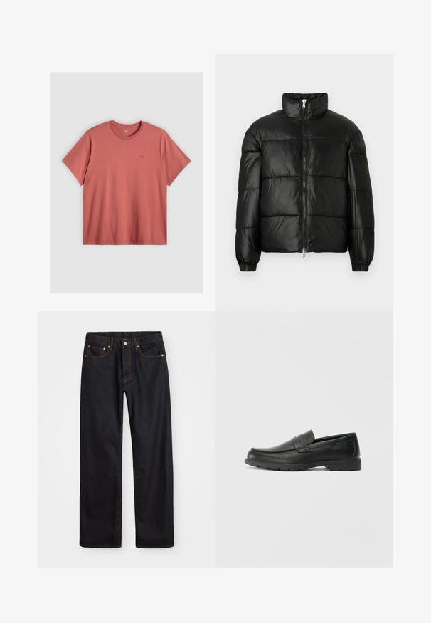 Geacă neagră din material puffy, cu guler înalt, închidere cu fermoar pe față, design matlasat, mansete elastice și finisaj din țesătură lucioasă și netedă.; Tricou cu mânecă scurtă, într-o nuanță de corai estompat, realizat din bumbac, cu guler rotund. Prezentă un mic logo Levi's roșu pe partea stângă a pieptului.; Jeans negri din denim pentru bărbați, cu croială dreaptă, cinci buzunare și cusături portocalii, închidere cu nasture și fermoar pe talie.; Labeled cu oglindă din piele neagră cu un finisaj neted, partea superioară în stil mocasin, detalii cusute și o talpă din cauciuc. Design clasic cu un toc jos.