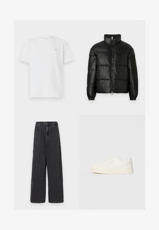Casaco puffer preto com gola alta, fecho frontal em zíper, design acolchoado, punhos elásticos e acabamento de tecido brilhante e suave.; T-shirt branco de algodão com mangas curtas, decote redondo e um pequeno logotipo cinza no lado esquerdo do peito. Textura suave.; Calças de ganga pretas de perna larga e cintura alta, com fecho frontal de botão e zipper, apresentando bolsos laterais e uma textura suave.; Sapatilhas brancas de atacar com uma superfície texturizada, sola grossa e design minimalista. Possui o logo da marca na lateral.