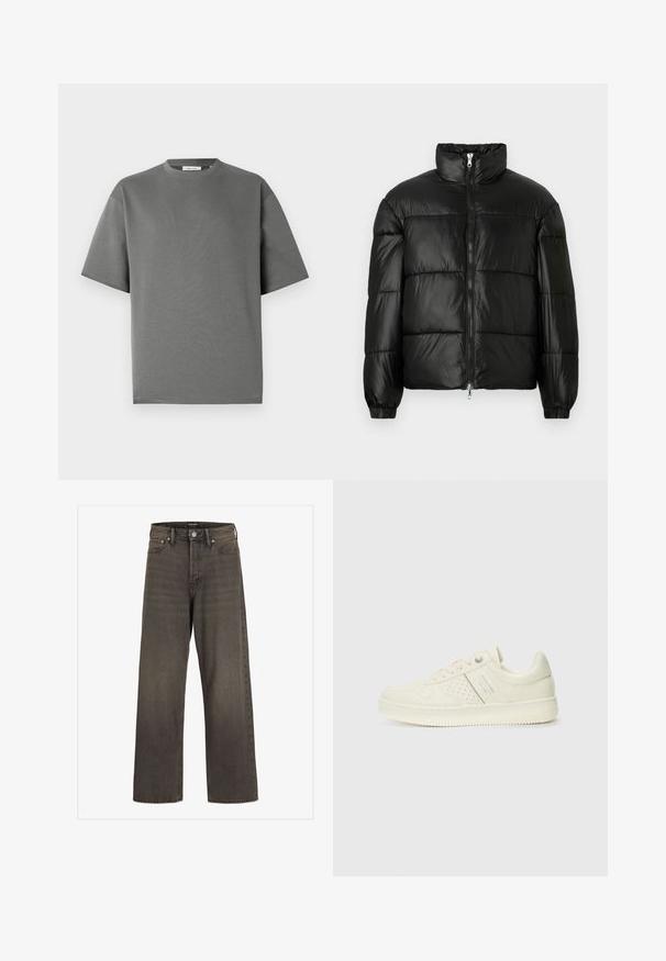 Doudoune noire avec un col montant, fermeture éclair sur le devant, design matelassé, poignets élastiques et finition en tissu lisse et brillant.; T-shirt gris à manches courtes en coton doux, avec un décolleté rond et une coupe décontractée, présentant des détails de couture minimalistes.; Jean large en denim gris foncé, avec une taille haute, un design classique à cinq poches et des coutures contrastantes le long des coutures.; Sneaker couleur crème avec des détails perforés, des lacets et un logo sur le côté, présenté sur un fond blanc uni.