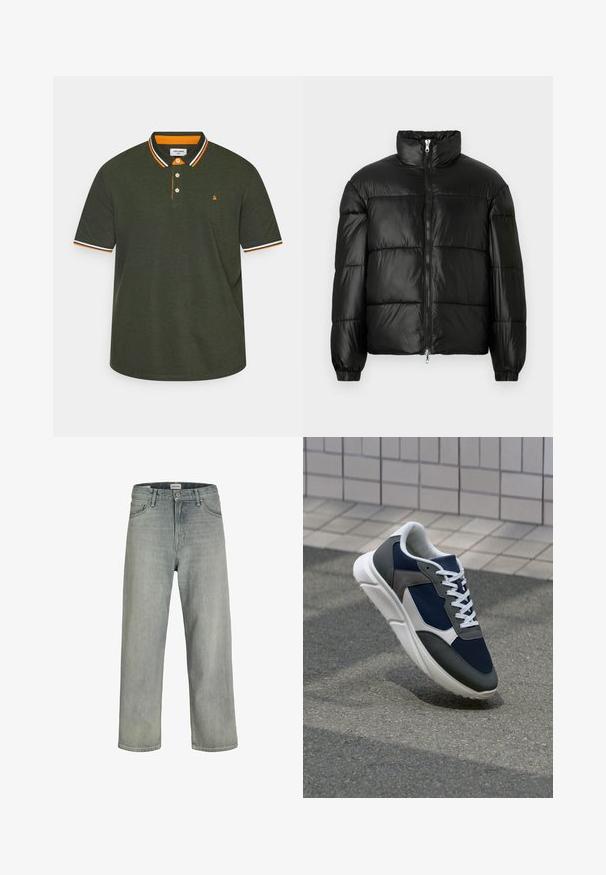 Schwarze Daunenjacke mit hohem Kragen, Reißverschluss vorne, gestepptem Design, elastischen Bündchen und glänzendem, glattem Stofffinish.; Polo-Shirt in Dunkelgrün, mit einem oranges und weißen gestreiften Kragen, einer Drei-Knopf-Leiste und kleinem Logo auf der Brust.; Hellgraue, locker sitzende Jeans aus Denim. Verfügt über ein klassisches Fünf-Taschen-Design, Gürtelschlaufen und eine gerade Bein-Silhouette.; Sneaker mit einem Obermaterial aus navyblauem Mesh, grauen Wildlederelementen, einer weißen Gummisohle und flachen weißen Schnürsenkeln, entworfen für Komfort und Atmungsaktivität.