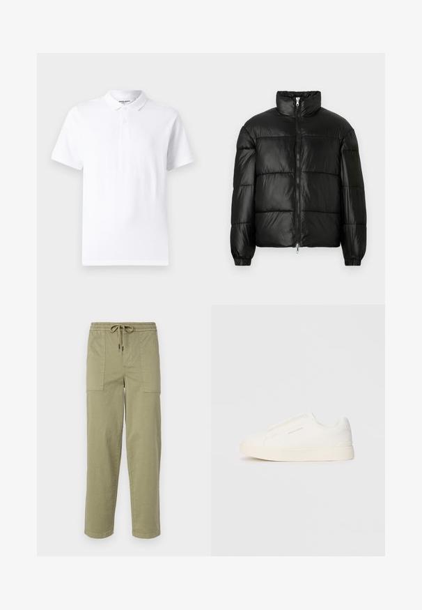 Casaco puffer preto com gola alta, fecho frontal em zíper, design acolchoado, punhos elásticos e acabamento de tecido brilhante e suave.; Camisa polo branca com um colarinho clássico, placket de dois botões, mangas curtas e um pequeno logotipo no peito. Feita em tecido suave.; Calças verde-oliva claras feitas de um tecido de algodão misto, com um cós elástico com cordão e dois bolsos laterais grandes.; Sapatilhas brancas de atacar com uma superfície texturizada, sola grossa e design minimalista. Possui o logo da marca na lateral.