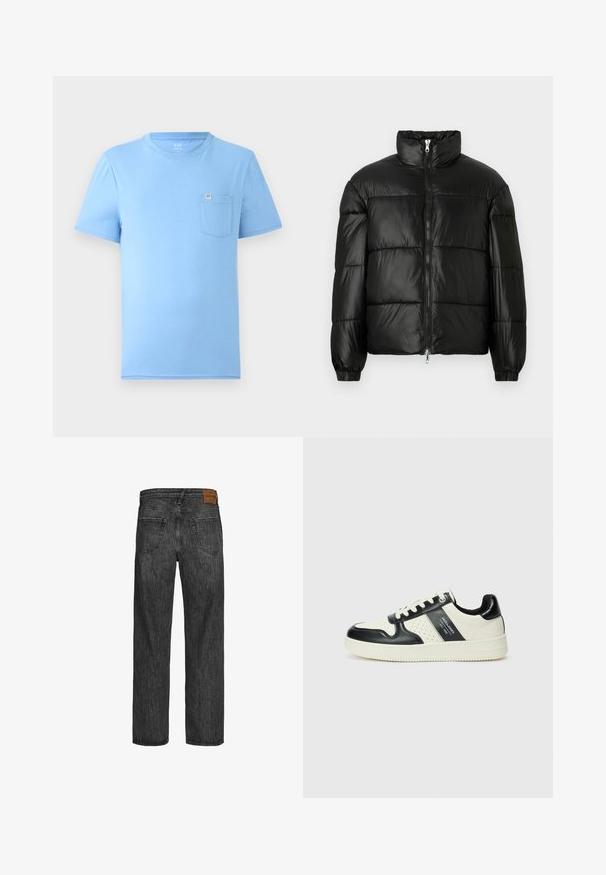 Black puffer jacket with a high collar, zip front closure, quilted design, elastic cuffs, and shiny, smooth fabric finish.; Light blue short-sleeve T-shirt made of soft cotton. Features a round neckline and a chest pocket with a branded tag. Smooth texture.; Black denim jeans with a straight leg design, five-pocket style, and a brown leather patch at the waistband. Textured fabric with stitching details.; Leather sneakers with a black and cream color scheme, featuring perforated accents, a padded collar, and a textured outsole.