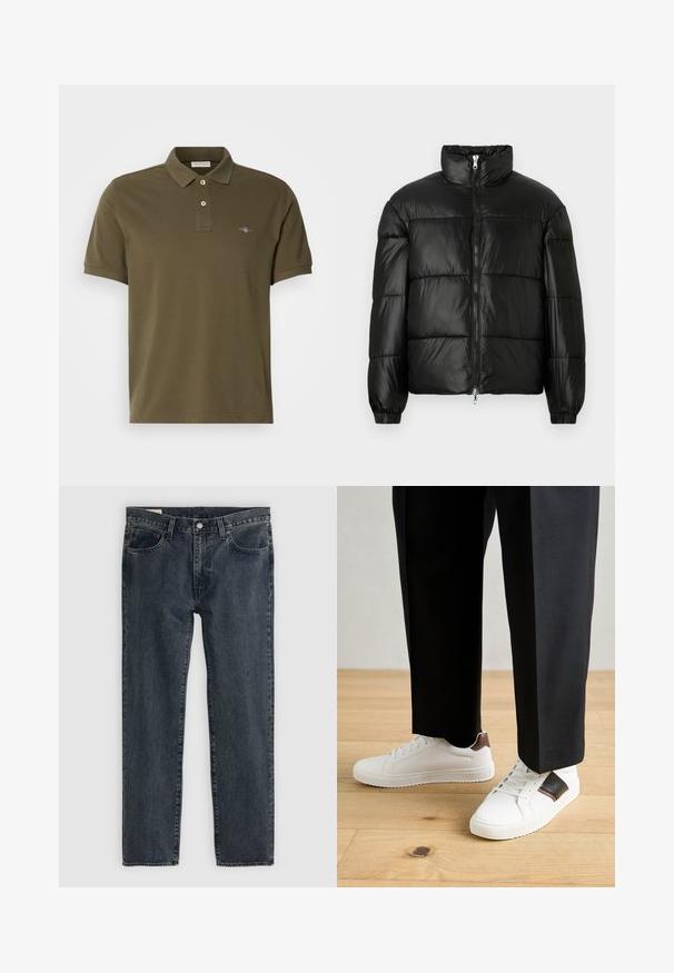 Chaqueta de pluma negra con un cuello alto, cierre frontal con cremallera, diseño acolchado, puños elásticos y acabado de tela brillante y suave.; Polo de color verde oliva hecho de algodón, con un cuello clásico, botonera de dos botones y pequeño logotipo bordado en el pecho.; Vaqueros de mezclilla azul oscuro con un diseño de pierna recta, cinco bolsillos y cierre de botón. La tela presenta un sutil desgaste y textura.; Zapatillas blancas con textura suave, con acentos de cuero marrón y detalles en negro, combinadas con pantalones negros ajustados. Fondo de suelo de madera.