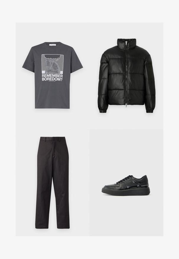 Juodas pūkinis švarkas su aukštu apykakle, užtrauktuko priekyje, siuvinėtu dizainu, elastingais rankogaliais ir blizgia, lygiąja audinio apdaila.; Pilkas medvilninis marškinėliai su grafikiniu printu, vaizduojančiu mąstytoją su mąstymo burbulu. Tekstas skaito "PRISIMENI NUOBODULĮ?" baltos spalvos. Klasikinis kirpimas ir trumpomis rankovėmis.; Juodos medvilnės mišinio kelnės, pasižyminčios tiesiomis kojomis, priekinėmis kišenėmis ir standartine juosmens juostele su diržo kilpomis.; Juodos odinės sportbačiai su lygiu paviršiumi, apvalia nosimi ir kontrastingu juodu guminiu padu. Yra plokščios raištelės ir prekės ženklas ant šono.