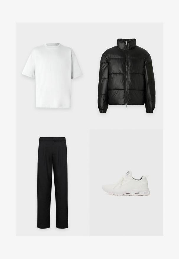 Fekete puffernadrág magas gallérral, cipzáras elülső záródással, steppelt kialakítással, elasztikus mandzsettákkal és fényes, sima szövetfelülettel.; Fehér, rövid ujjú póló, kerek nyakkivágással, sima pamut anyagból készítve, laza szabással és látható minták vagy díszítések nélkül.; Fekete nadrág sima anyagból, egyenes szárú fazonnal, két elülső redővel és közönséges derékkal, övhurkokkal.; Fehér sportcipők, texturált kötött felsőrésszel, lapos fűzőkkel és párnázott talppal, amely látható légkamrákkal rendelkezik a megerősített kényelem érdekében.