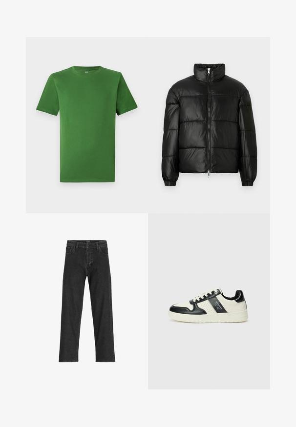Black puffer jacket with a high collar, zip front closure, quilted design, elastic cuffs, and shiny, smooth fabric finish.; Green cotton t-shirt with a crew neckline and short sleeves. Smooth texture; no visible patterns or embellishments.; Black denim jeans with a straight leg design, featuring a zip fly, belt loops, and six pockets, made from a sturdy cotton blend fabric.; Leather sneakers with a black and cream color scheme, featuring perforated accents, a padded collar, and a textured outsole.