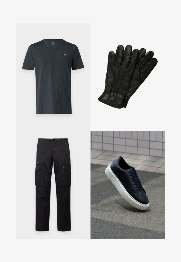 Črna pufasta jakna z visokim ovratnikom, z zadrgo spredaj, prešito zasnovo, elastičnimi manšetami in sijočim, gladkim zaključkom tkanine.; GAP EVERYDAY MICRO LOGO VEE - Navadna majica - charcoal; Črne cargo hlače z več žepi, z zadrgo na stegnu, ravnim krojem in trdnim bombažnim materialom z rahlo sijajem.; Črne usnjene superge z zaobljenim prstom in belim gumijastim podplat. Imajo ravne vezalke in minimalno šivanje na zgornjem delu. Teksturirani podplat za oprijem.; Črne usnjene rokavice z gladko teksturo, pet prstov in subtilnimi šivi. Klasičen dizajn, primeren za uporabo v hladnem vremenu.