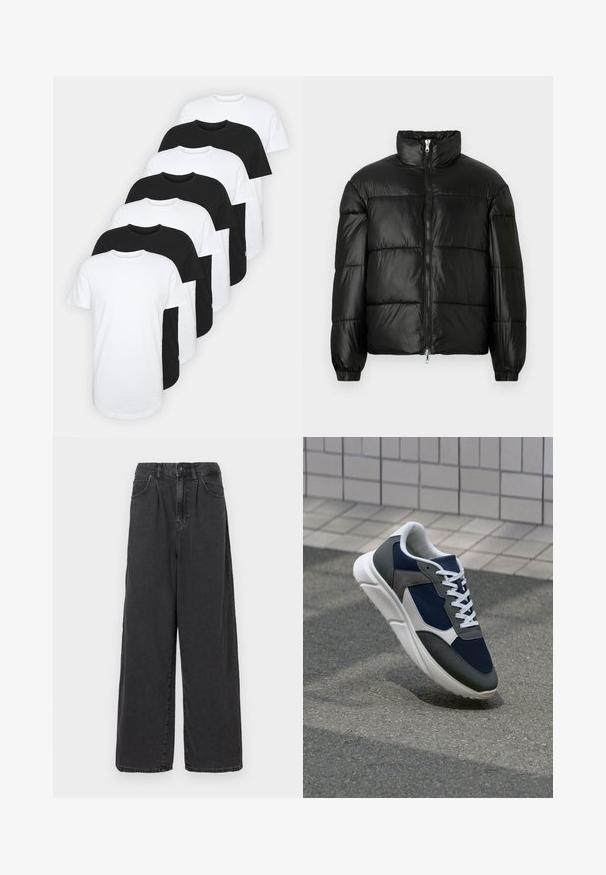 Black puffer jacket with a high collar, zip front closure, quilted design, elastic cuffs, and shiny, smooth fabric finish.; Set of eight crew-neck t-shirts in black and white. Cotton material, short sleeves, standard fit, smooth texture, with tag detail.; Wide-leg, high-waisted black denim pants with a front button and zipper closure, featuring side pockets and a smooth texture.; Sneaker featuring a navy blue mesh upper, gray suede accents, white rubber sole, and flat white laces, designed for comfort and breathability.