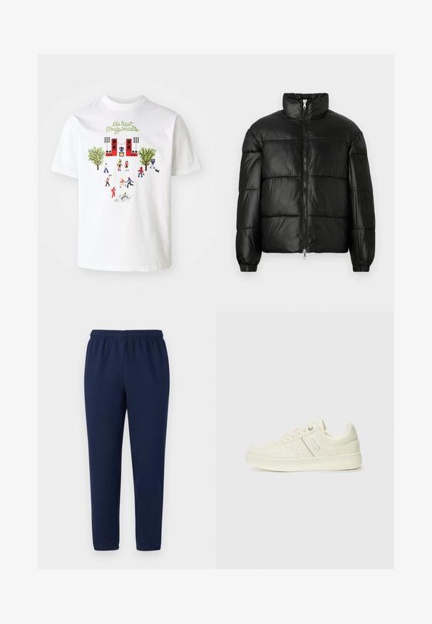 Melna pūkainā jaka ar augstu apkakli, rāvējslēdzēja priekšējo aizdari, quilted dizainu, elastīgām piedurknēm un spīdīgu, gludu auduma apdari.; Balts kokvilnas T-krekls ar krāsainu grafiku, kurā attēloti cilvēki, koki un skatuve, ar tekstu "jaunie oriģināli" zaļā krāsā virs attēla.; Tumši zilas sporta bikses, izgatavotas no mīkstas kokvilnas maisījuma, ar elastīgu jostu un sašaurinātiem bikšu galiem, bez redzamām apdrukām vai akcentiem.; Krēmbaltie sporta apavi ar perforētu detaļām, auklām un logotipu sānos, attēloti uz vienkārša baltā fona.