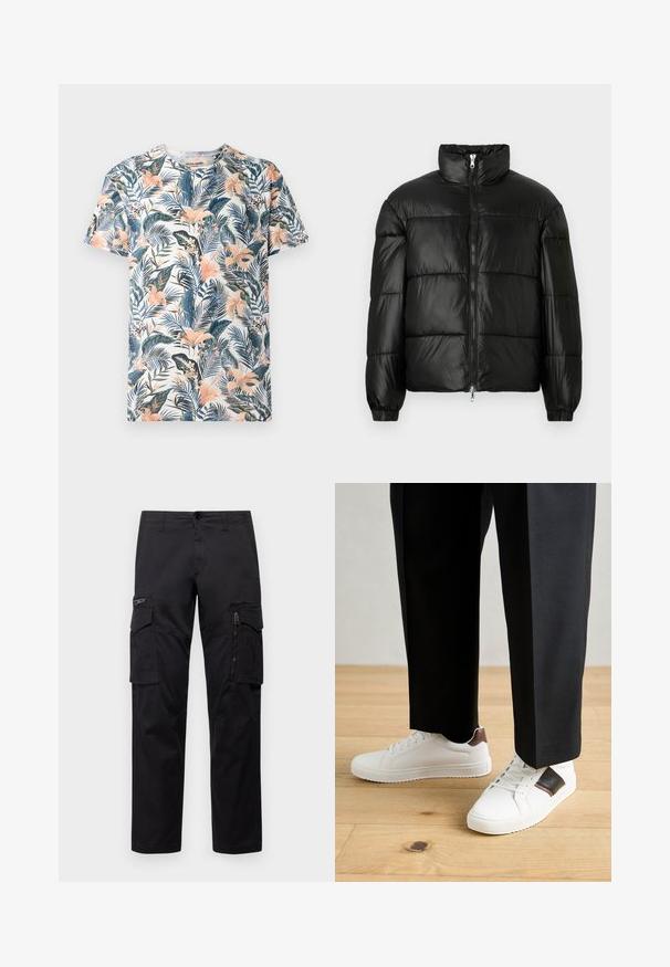 Zwarte pufferjack met een hoge kraag, ritsvoorzijde, gestikt ontwerp, elastische manchetten en een glanzende, gladde stofafwerking.; Korte mouwen t-shirt van stof met een tropische bloemenprint in groene, roze en blauwe tinten op een witte achtergrond.; Zwarte cargobroek met meerdere zakken, een ritszak op de dij, rechte pasvorm en stevige katoen met een subtiele glans.; Witte sneakers met een gladde textuur, voorzien van bruine lederen accenten en zwarte details, gecombineerd met zwarte maatpakken. Achtergrond van houten vloeren.