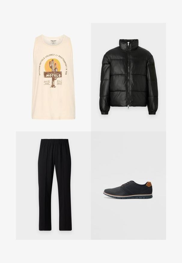 Sort puffet jakke med høj krave, lynlås foran, quiltet design, elastiske manchetter og skinnende, glat stoffinish.; Cremefarvet tanktop med et grafisk design af en kaktus og sol. Teksten inkluderer "Western Motels Ledige" og "Cactus & Sun Motels."; Sorte bukser med elastisk talje og lige ben, der har en glat tekstur og ingen synlige mønstre eller hardware.; Sorte syntetiske sko med en tekstureret overdel, glatte accenter, brun hæl og en kontrasterende sål. Har minimale snørebånd og syningsdetaljer.