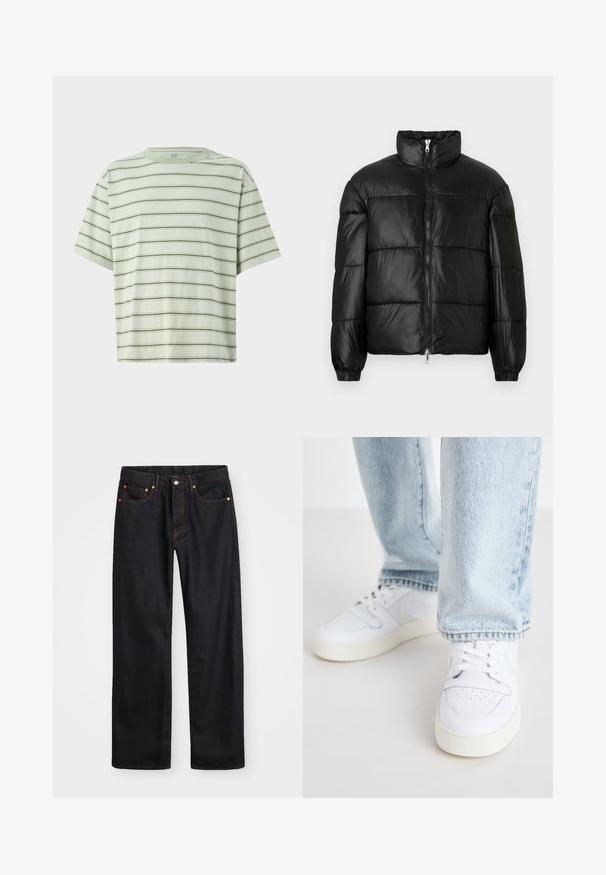 Must mustaga jakker, millel on kõrge krae, luku esikinnitus, tikanditud disain, elastsed mansetid ja läikiv, sile kangast viimistlus.; Roheline triibuline T-särk lühikeste varrukatega. Vertikaalsed ja horisontaalsed triibud vahelduvad pehme tekstuuriga kangas. Ümar kaelus.; Meeste sirge jala mustad denim teksad viie taskuga, oranž õmblus, nupu ja tõmblukuga ees nagu vöökoht.; Valged nahast madala profiiliga spordijalatsid, millel on perforatsiooniga varvas, lame paelad ja minimalistlik disain. Koos helesiniste teksadega.