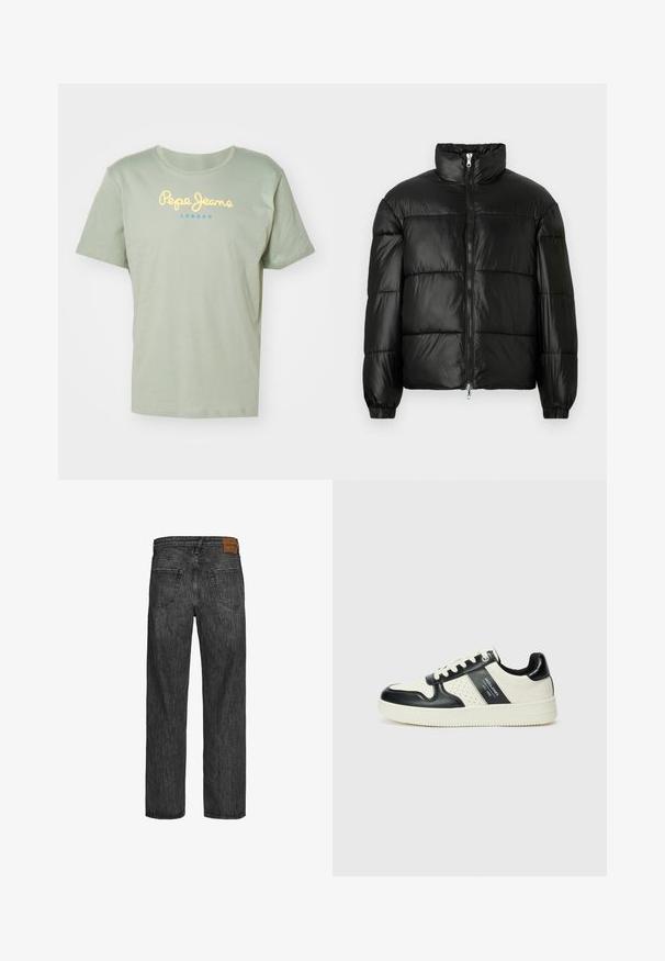 Svart pufferjakke med høy krage, glidelås foran, quiltet design, elastiske mansjetter og blank, glatt stofffinish.; Lys grønn bomull t-skjorte med rund hals, kort erme og "Pepe Jeans London" logo i gult og blått foran.; Svarte denimjeans med design med rette ben, fem lommer og en brun lærpatch i midjen. Strukturert stoff med stikking detaljer.; Lædersneakers med sort og creme farveskema, der har perforerede detaljer, en polstret krave og en struktureret ydersål.