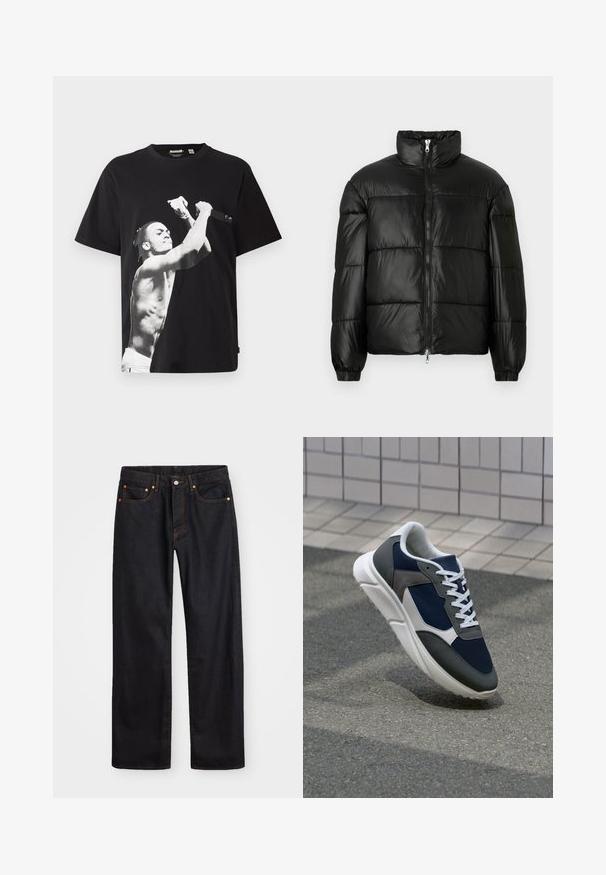 Casaco puffer preto com gola alta, fecho frontal em zíper, design acolchoado, punhos elásticos e acabamento de tecido brilhante e suave.; T-shirt oversized preta com uma grande imagem a preto e branco de um figura sem camisa a segurar um microfone. Feita de tecido de algodão.; Calças de ganga pretas para homem, de pernas retas, com cinco bolsos e costura laranja, fecho de botão e zíper na cintura da frente.; Sapatilha com parte superior em malha azul-marinho, detalhes em camurça cinza, sola de borracha branca e atacadores brancos planos, projetada para conforto e respirabilidade.