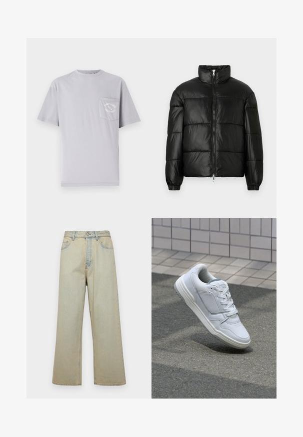 Svart pufferjakke med høy krage, glidelås foran, quiltet design, elastiske mansjetter og blank, glatt stofffinish.; Grå bomulls t-skjorte med rund hals, kort ermer og en venstre brystlomme med broderte tekstdetaljer.; Lyseblå vide jeans laget av denim med en falmet finish. Har fem lommer og en frontlukking med knapp.; Hvite lær sneakers med perforerte sider, teksturerte detaljer, flate lisser og en kontrasterende grå hæl. Har en lite hevet såle.