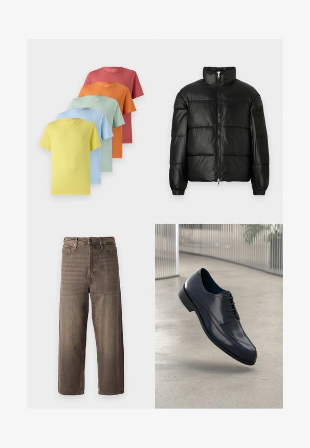 Must mustaga jakker, millel on kõrge krae, luku esikinnitus, tikanditud disain, elastsed mansetid ja läikiv, sile kangast viimistlus.; Viis lühikeste varrukatega T-särki gradientina: kollane, helesinine, piparmündiroheline, oranž ja korall. Pehme kangas ja ümar kaelusdisain.; Prunad laiad teksapüksid, mis on valmistatud denimist. Omab lukuga kannet, vöölukke ja viit taskut. Kangas näitab tuhmuvat, tekstuurset välimust.; Läike must nahkne king, millel on paelad, hõljuv siledate heledate halli põranda kohal ning taustal vertikaalsed metallist vardad.