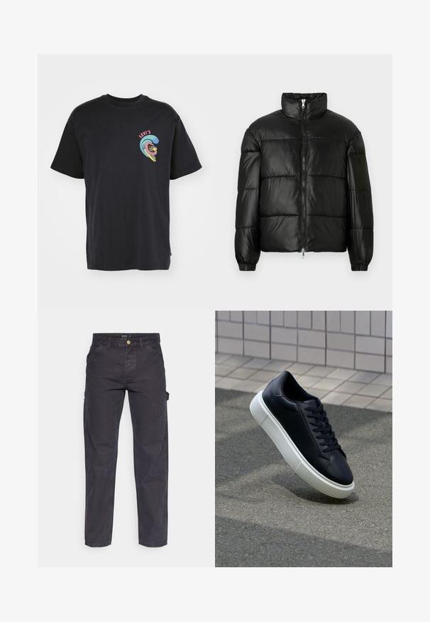 Juodas pūkinis švarkas su aukštu apykakle, užtrauktuko priekyje, siuvinėtu dizainu, elastingais rankogaliais ir blizgia, lygiąja audinio apdaila.; Levi's® VINTAGE FIT GRAPHIC - Marškinėliai su spaudiniu - pirate black; Tamsiai pilkos krovininės kelnės, pagamintos iš patvarios medžiagos, su tiesaus kirpimo, penkiomis kišenėmis ir mygtukiniu užtrauktuku liemens srityje.; Juodas odinis sportbačius su apvaliu pirštu ir baltu gumuotu padu. Turi plokščias raišteles ir minimalų siuvimą viršuje. Padangos tekstūra užtikrina sukibimą.