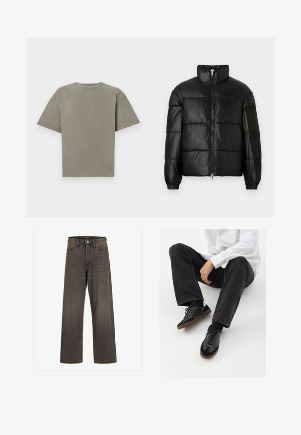 Giacca a vento nera con colletto alto, chiusura frontale con zip, design trapuntato, polsini elasticizzati e finitura in tessuto lucido e liscio.; T-shirt a maniche corte e collo rotondo di un verde tenue. Realizzato in cotone morbido con una texture liscia e bordi puliti. Senza loghi o motivi visibili.; Jeans a gamba larga in denim grigio scuro, con vita alta, design classico a cinque tasche e cuciture a contrasto lungo le cuciture.; Sneaker nere con una tomaia liscia e testurizzata, con suola in gomma e lacci scuri. Abbinati a jeans neri e una camicia bianca a righe.