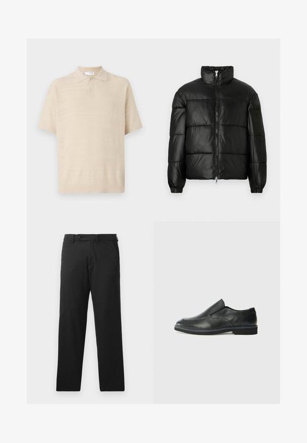 Černá péřová bunda s vysokým límcem, zapínáním na zip, prošívaným designem, elastickými manžetami a lesklým, hladkým povrchem.; Beige pletená polo košile s límcem, krátkým rukávem a strukturálními horizontálními vzory. Dva knoflíky na výstřihu. Měkký materiál.; Černé kalhoty z bavlněné směsi, s rovnými nohavicemi, knoflíkovým zapínáním a bezšvovými postranními kapsami.; Černá kožená nazouvací bota s hladkým svrškem, prošívanými detaily, zaoblenou špičkou a nízkým gumovým podpatkem. Podešev má minimální vzorek.