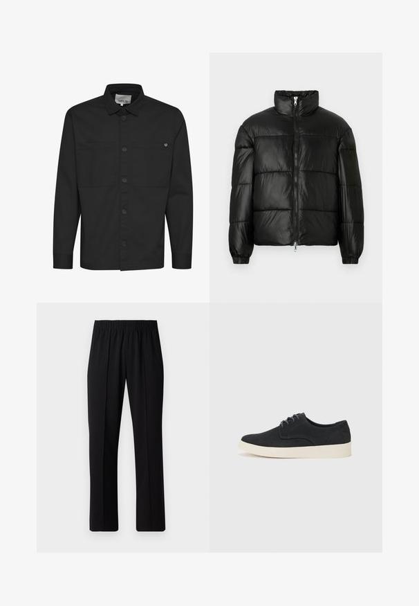 Giacca a vento nera con colletto alto, chiusura frontale con zip, design trapuntato, polsini elasticizzati e finitura in tessuto lucido e liscio.; Maglietta nera a maniche lunghe con chiusura a bottoni frontale, due tasche sul petto e colletto a punta. Realizzata in tessuto liscio con finitura opaca.; Pantaloni neri con vita elasticizzata e design a gamba dritta, caratterizzati da una texture liscia e senza motivi o hardware visibili.; Scarpa in suede nera con lacci, punta arrotondata, suola leggera color crema e dettagli di cucitura blu discreti sulla parte superiore.